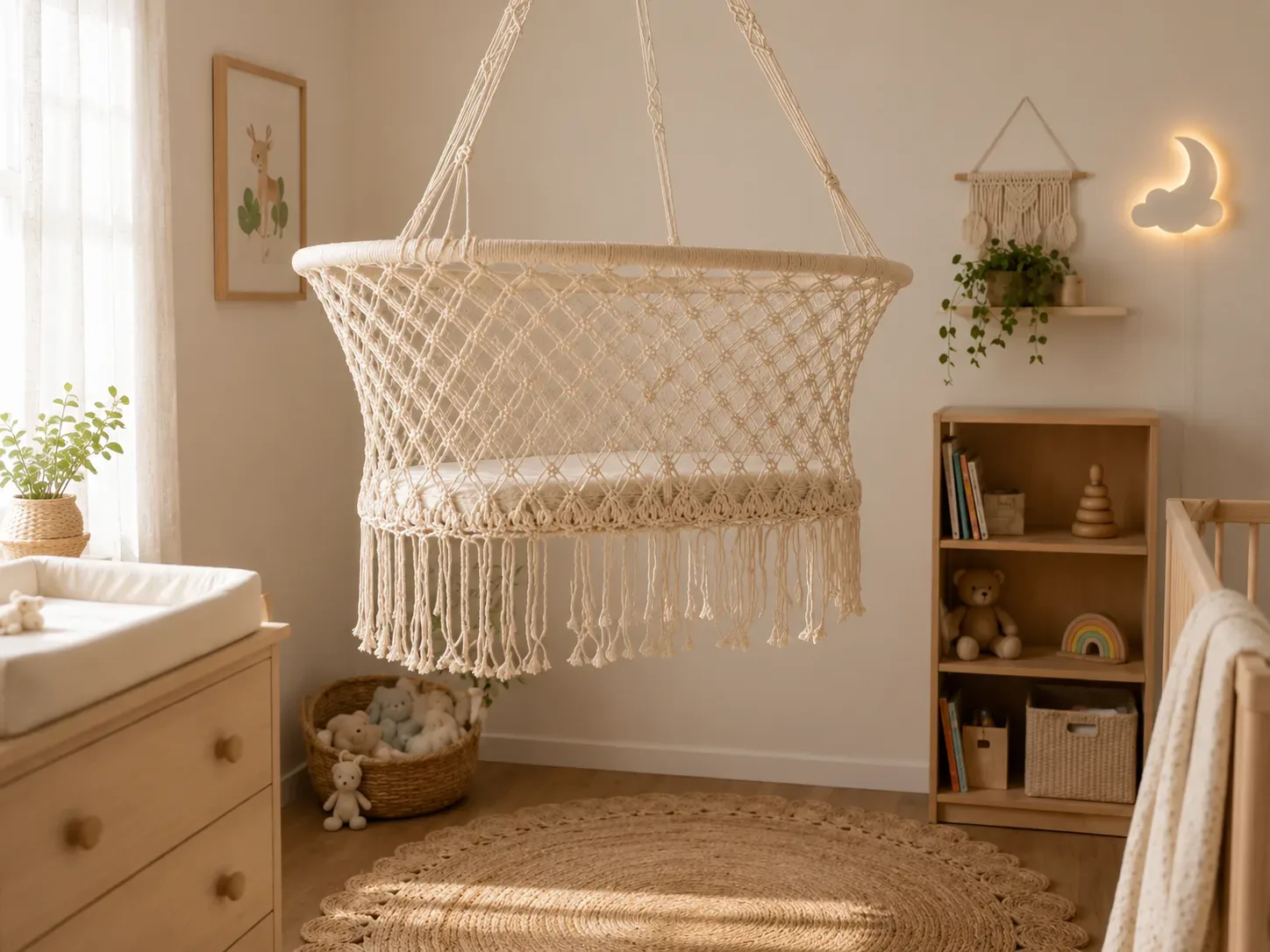 Cuna de macrame colgante.