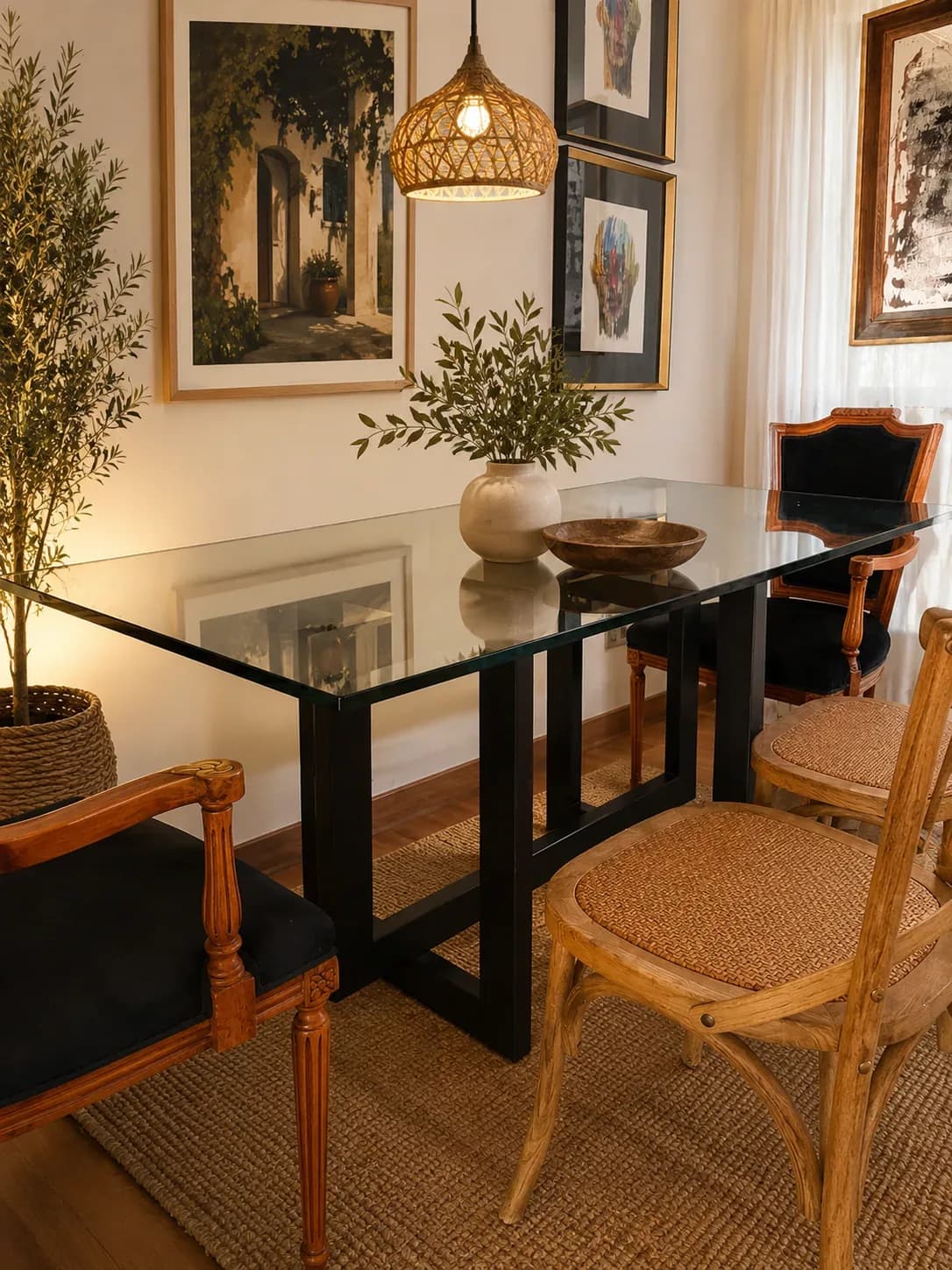 Mesa de comedor con base de fierro y cubierta de vidrio
