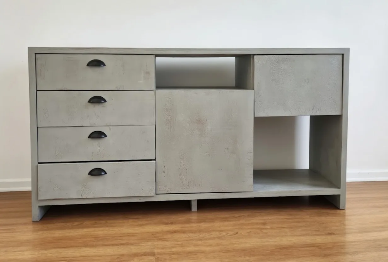 Mueble de madera gris.