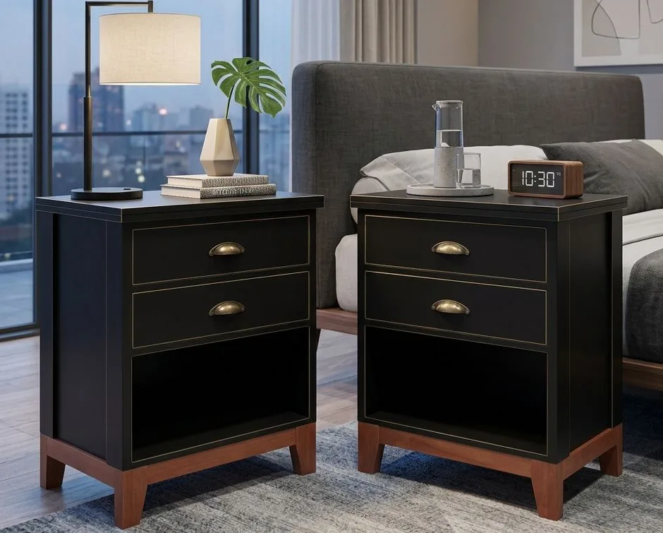 Par de veladores de madera lacada negro. — Veladores