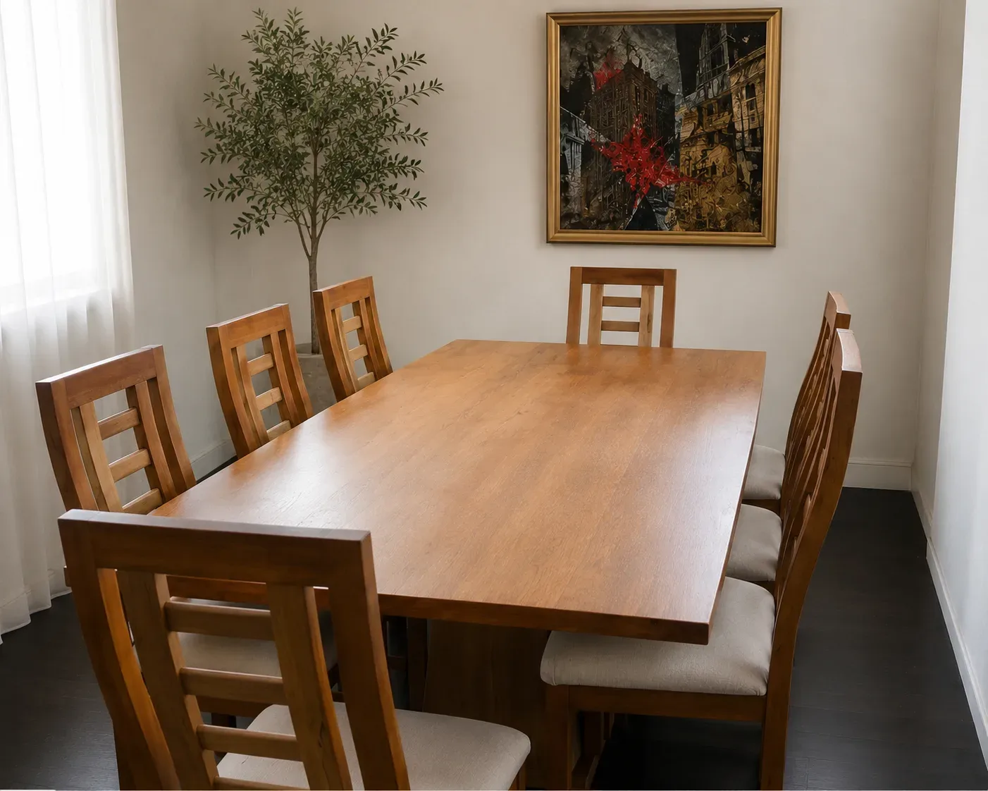 Mesa de comedor con cubierta madera y base de marmol, incluye 8 sillas — Mesas de comedor