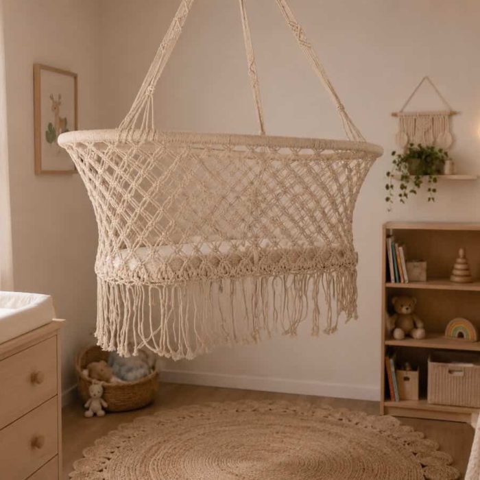 Cuna de macrame colgante.